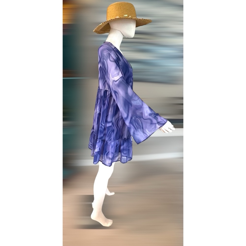 PEACH LOVE CALIFORNIA Purple swirl flare sleeve tunic dress S M - Picture 5 of 7